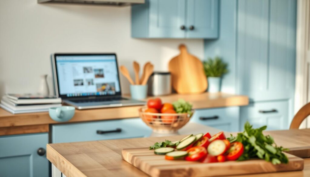 A cozy, minimal kitchen with warm wooden textures and light blue accents. On the counter, a selection of fresh ingredients, recipe books, and a laptop displaying an organized meal plan for a relaxing vacation. The soft, natural lighting casts a soothing glow, setting the stage for effortless menu planning. In the foreground, a cutting board with sliced vegetables and herbs, hinting at the delicious, homemade meals to come. The atmosphere is one of calm preparation, a serene oasis amidst the busy vacation planning.