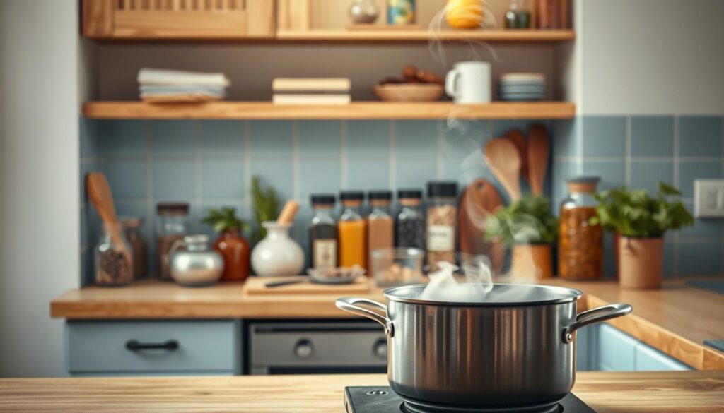 A cozy, minimal kitchen with warm wooden textures and light blue accents. On the counter, an array of culinary tools and ingredients - mortar and pestle, spice jars, and a variety of herbs and spices. Soft, diffused lighting from above highlights the intricate patterns and colors, creating an atmosphere of scientific exploration and flavor discovery. In the foreground, a simmering pot emits aromatic steam, hinting at the delicious results of the 