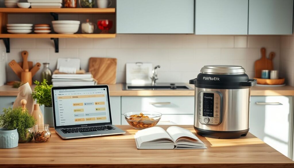 A cozy, minimal kitchen with warm wooden textures and light blue accents. On the counter, an array of neatly organized ingredients, recipe books, and meal planning tools. A laptop displays a spreadsheet with weekly meal schedules and portion sizes. A sleek, stainless steel appliance stands ready to assist with batch cooking. The overall atmosphere conveys a sense of order, efficiency, and thoughtful preparation for the week ahead.