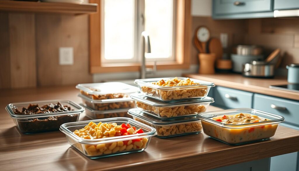 A cozy, minimal kitchen with warm wooden textures and light blue accents. On the counter, an array of homemade, kid-friendly freezer meals: hearty beef and veggie stew, creamy mac and cheese, and colorful chicken noodle soup. The meals are neatly packaged in reusable glass containers, ready to be grabbed and reheated. A soft, natural light fills the space, creating a welcoming atmosphere. The scene conveys the ease and convenience of batch cooking for busy families, with nutritious and delicious options available at a moment's notice.
