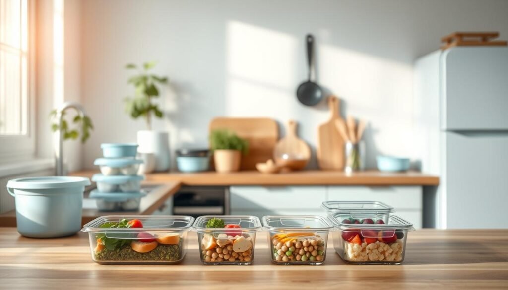 A cozy, minimal kitchen with warm wooden textures and light blue accents. On the countertop, various meal prep containers, chopping boards, and kitchen utensils are neatly arranged. A plant in the corner adds a touch of greenery. The lighting is soft and natural, casting a gentle glow over the scene. In the foreground, a set of clear, labeled containers showcases perfectly portioned, balanced meals - a visual representation of efficient meal prep tips. The background is clean and uncluttered, allowing the meal prep essentials to take center stage.
