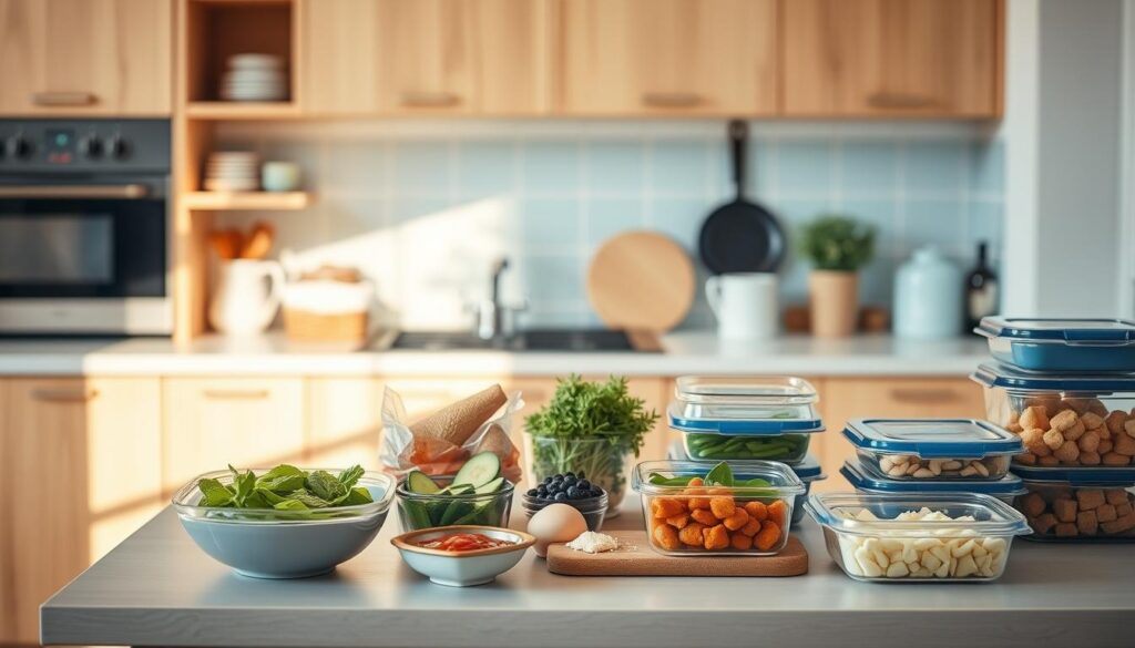 A cozy, minimal kitchen with warm wooden textures and light blue accents. On the countertop, various freshly prepared ingredients and containers arranged in an organized manner, conveying the benefits of batch cooking - efficiency, time-saving, and meal prepping. The scene is bathed in soft, natural lighting, highlighting the clean and uncluttered aesthetic. The overall atmosphere exudes a sense of calm and intentionality, reflecting the understanding of batch cooking's advantages.