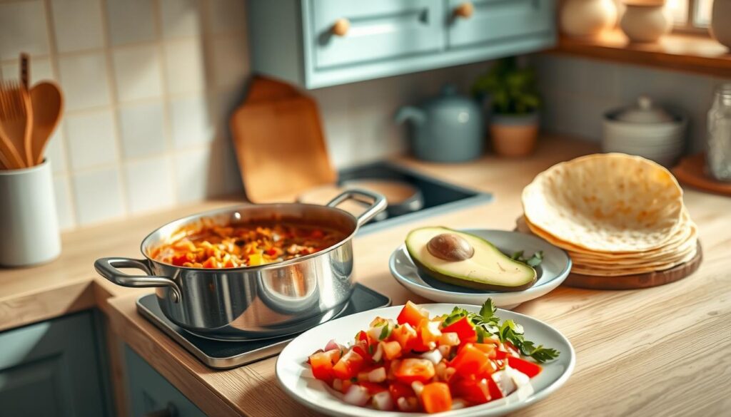 A cozy, minimal kitchen with warm wooden textures and light blue accents. On the countertop, a simmering pot of traditional Mexican stew, the aroma of cumin and chili filling the air. Nearby, a stack of freshly made corn tortillas, a plate of sliced avocado, and a simple salad of chopped tomatoes, onions, and cilantro. The lighting is soft and natural, casting a gentle glow over the humble, homemade meal - a budget-friendly representation of authentic Mexican flavors and family-style dining.