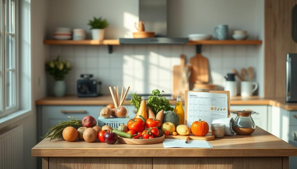 A cozy, minimal kitchen with warm wooden textures and light blue accents. On the countertop, a neatly organized spread of fresh produce, recipe books, and a weekly meal planner. Ingredients for a balanced diet are artfully arranged, suggesting a thoughtful approach to meal planning. The scene is bathed in soft, natural lighting, creating a serene and inviting atmosphere. No hands are visible, allowing the viewer to focus on the carefully curated elements that represent the process of weekly meal planning for a busy family.
