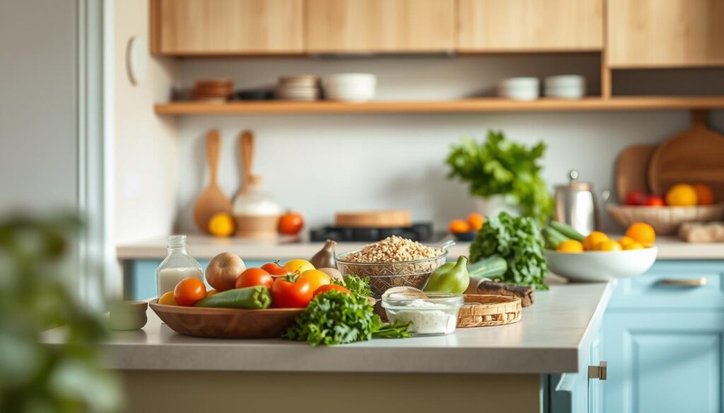 A cozy, minimal kitchen with warm wooden textures and light blue accents. On the countertop, a variety of fresh, colorful ingredients for allergy-safe, kid-friendly recipes come together. Vibrant vegetables, whole grains, and dairy-free alternatives are carefully arranged, ready to be transformed into nourishing family meals. The atmosphere is calm and inviting, with soft natural lighting highlighting the simple, wholesome nature of the scene. The focus is on the recipes themselves, capturing the essence of healthy, delicious food that caters to diverse dietary needs while appealing to young palates.
