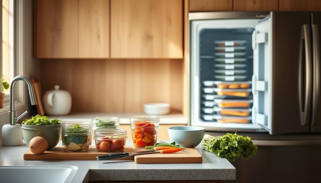 A cozy, minimal kitchen with warm wooden textures and light blue accents. On the countertop, a series of neatly arranged glass containers holding portioned ingredients. Beside them, a cutting board with fresh vegetables, a knife, and a mixing bowl. Overhead, soft lighting casts a gentle glow, highlighting the organized workflow. In the background, the stainless steel door of a freezer stands open, revealing carefully labeled meal trays stacked inside. The scene conveys a sense of efficiency and preparation, perfectly capturing the 