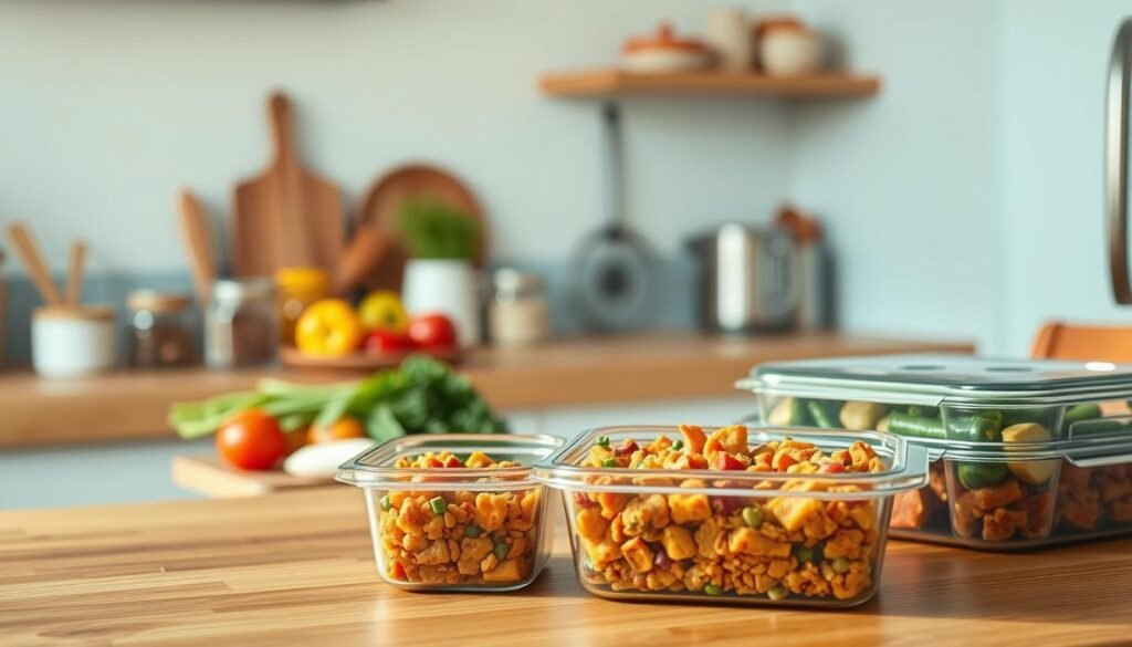 A cozy, minimal kitchen with warm wooden textures and light blue accents. On the countertop, a selection of fresh ingredients - vegetables, fruits, and a variety of spices. In the foreground, a family-sized meal prep container filled with a hearty, nutritious meal, ready to be stored and easily reheated later. The lighting is soft and natural, highlighting the textures and colors of the scene. The angle captures the entire setup, inviting the viewer to imagine how this meal prep system could simplify weeknight dinners for a busy household.