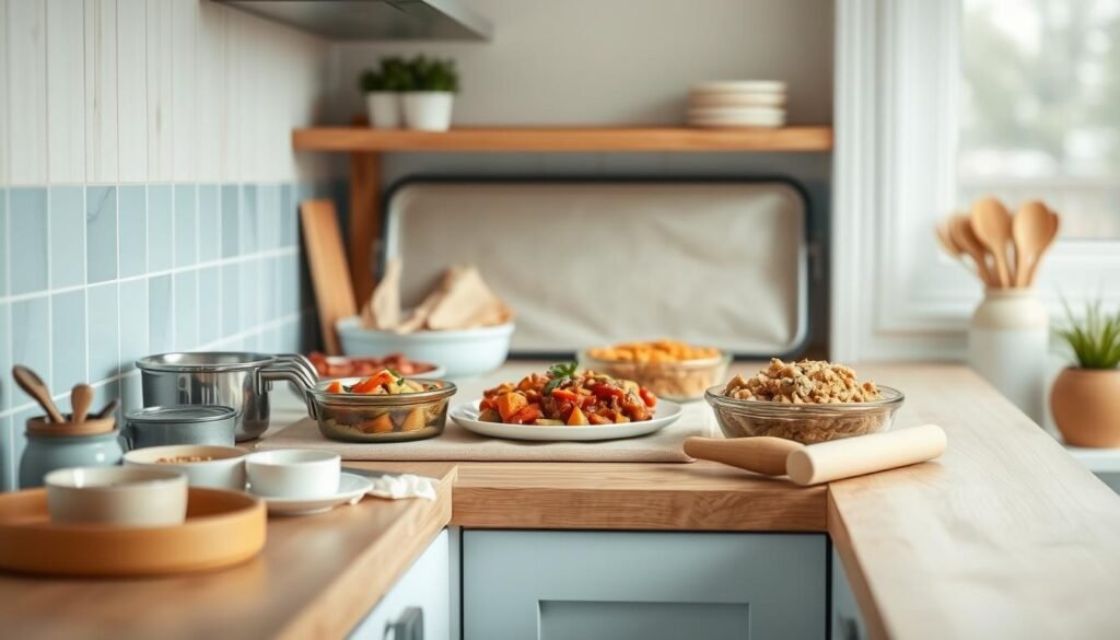 A cozy minimal kitchen with warm wooden textures and light blue accents. On the countertop, an array of family-friendly batch recipes - hearty stews, comforting casseroles, and nutritious one-pot meals. Measuring cups, spoons, and a rolling pin hint at the preparation process, while a baking sheet in the background suggests the satisfying results. The lighting is soft and diffused, creating a welcoming atmosphere conducive to batch cooking for busy periods. The overall scene conveys the idea of nourishing, versatile dishes that can be easily prepared in advance to feed a family with ease.