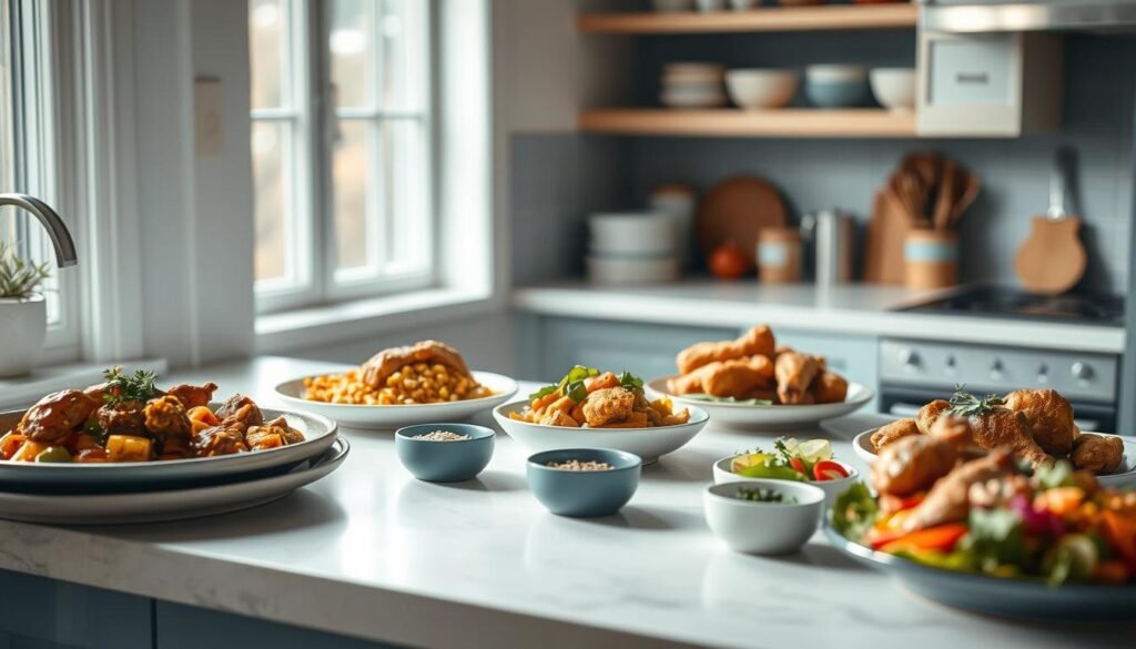 A cozy, minimal kitchen with warm wooden textures and light blue accents. On the countertop, an assortment of global chicken recipes laid out - sizzling curries, fragrant tagines, crispy fried chicken, and vibrant salads. Herbs and spices in small bowls add pops of color. Soft, natural lighting illuminates the scene, casting a comforting glow. The atmosphere is one of culinary exploration, inviting the viewer to discover the diverse flavors of chicken dishes from around the world.