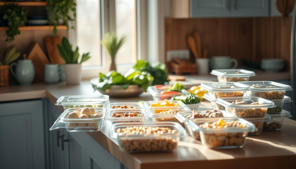 A cozy, minimal kitchen with warm wooden textures and light blue accents. On the countertop, an array of fresh ingredients - crisp vegetables, hearty grains, and lean proteins. Meal prep containers line the surface, neatly organized and ready for portioning. Subtle lighting casts a soft glow, highlighting the nourishing components of these essential batch cook dinners. The scene conveys a sense of thoughtful preparation and efficiency, perfectly capturing the 