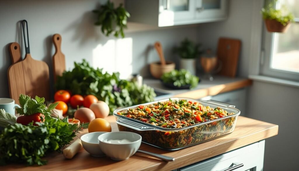 A cozy, minimal kitchen with warm wooden textures and light blue accents. On the countertop, an array of fresh vegetables, herbs, and a large casserole dish filled with a vibrant, plant-based mixture. The gentle glow of natural light from a nearby window illuminates the scene, creating a calming, inviting atmosphere. Utensils and prep bowls are neatly arranged, ready for the next steps in crafting a delicious vegan casserole. The image conveys the simplicity and care involved in batch cooking nourishing, plant-based meals.