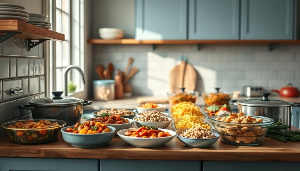 A cozy, minimal kitchen with warm wooden textures and light blue accents. On the countertop, an array of freezer-friendly recipes are displayed - hearty stews, casseroles, and make-ahead meals. The lighting is soft and natural, highlighting the vibrant colors of the ingredients. The camera angle captures the scene from a slightly elevated perspective, showcasing the organized arrangement of dishes and ingredients. The mood is one of efficiency and practicality, inviting the viewer to imagine the ease of batch cooking and meal prepping these freezer-friendly recipes.