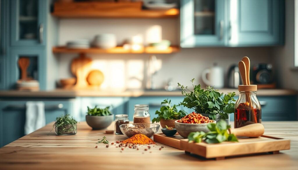 A cozy, minimal kitchen with warm wooden textures and light blue accents. On the kitchen counter, a collection of aromatic spices, fresh herbs, and a few simple culinary tools, all bathed in soft, natural lighting. The scene evokes a sense of calm and focused experimentation, inviting the viewer to explore the art of enhancing flavors through thoughtful techniques. The arrangement suggests a journey of discovery, where the interplay of ingredients and preparation methods unlocks new dimensions of taste. This image captures the essence of 
