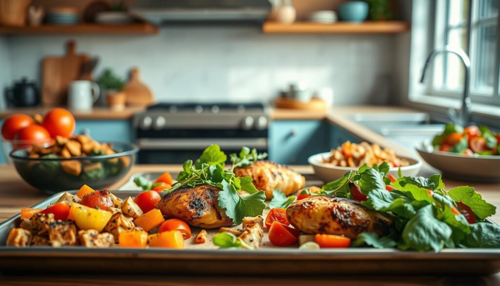 A cozy, minimal kitchen with warm wooden textures and light blue accents. Various quick and customizable weeknight recipes are artfully arranged on a sheet pan, showcasing their vibrant colors and fresh ingredients. The scene is bathed in soft, natural lighting, creating a calming and inviting atmosphere. Delectable dishes like roasted vegetables, baked chicken, and a fresh salad are presented in an appetizing and aesthetically pleasing manner, enticing the viewer to try these easy-to-prepare meals. The overall composition exudes a sense of simplicity, efficiency, and culinary inspiration, perfectly capturing the essence of 