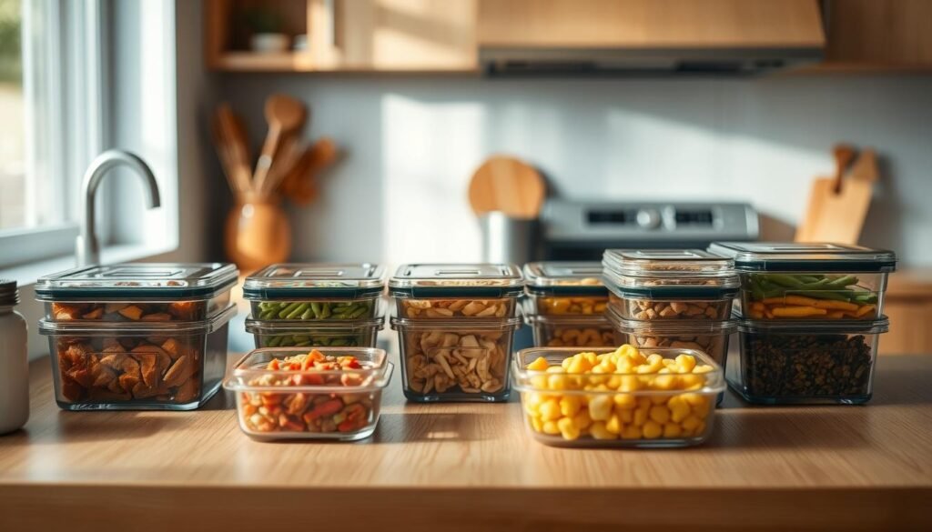 A cozy, minimal kitchen with warm wooden textures, light blue accents, and no hands in sight. On the countertop, an array of neatly arranged glass containers, each filled with a delicious, home-cooked meal - the fruits of a dedicated batch cooking session. The soft, natural lighting casts a gentle glow, highlighting the simple elegance of the setup. A sense of organization and efficiency permeates the scene, inviting the viewer to imagine the satisfying process of meal prepping and the rewards of having nutritious, homemade dinners readily available. This image captures the essence of 