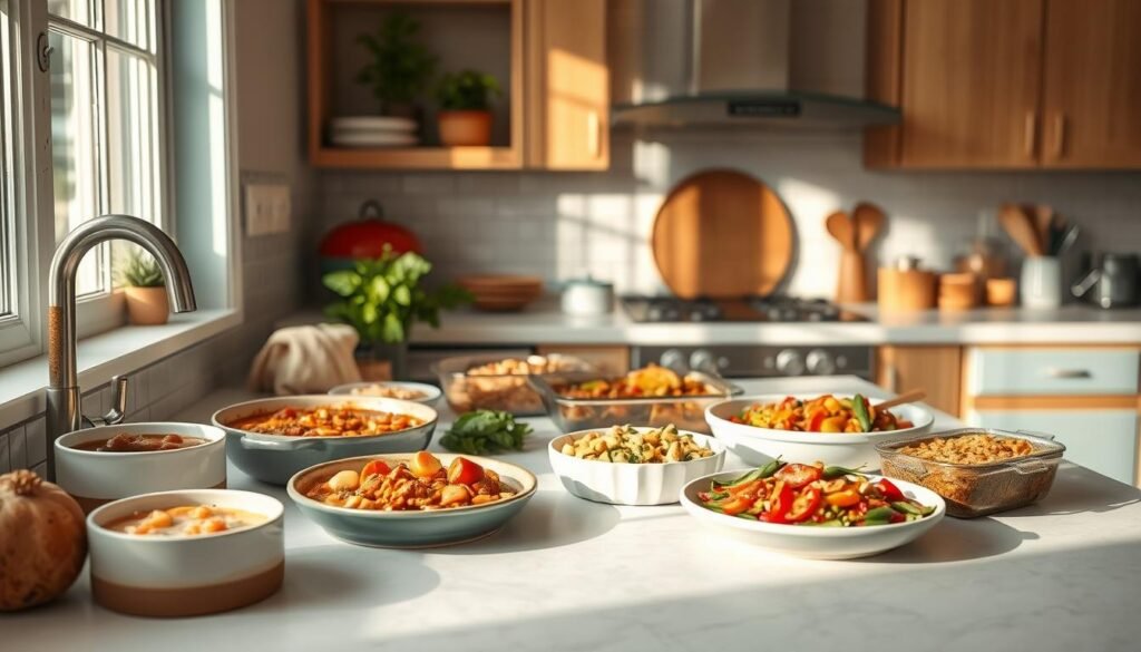 A cozy, minimal kitchen with warm wooden textures, light blue accents, and no hands. On the counter, a variety of budget-friendly family meals arranged artfully - hearty stews, one-pan casseroles, and vibrant veggie-packed dishes. Soft natural lighting highlights the rich colors and comforting textures of the homemade fare. The scene conveys the ease and satisfaction of preparing nourishing meals, even on the busiest of schedules.