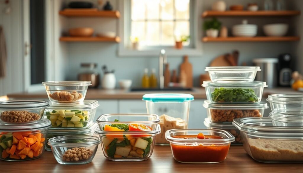 A cozy, minimal kitchen with wooden textures and light blue accents provides the perfect backdrop for a step-by-step guide to batch cooking for families. In the foreground, an array of glass storage containers, meal prep bowls, and reusable lids are neatly arranged, showcasing efficient organization and portion control. In the middle ground, chopped vegetables, freshly cooked proteins, and sauces are visible, hinting at the wholesome, make-ahead meals that can be prepared in advance. The warm, natural lighting casts a soft glow, creating an inviting and approachable atmosphere, encouraging the viewer to envision themselves confidently tackling their own family dinner meal planning and preparation.
