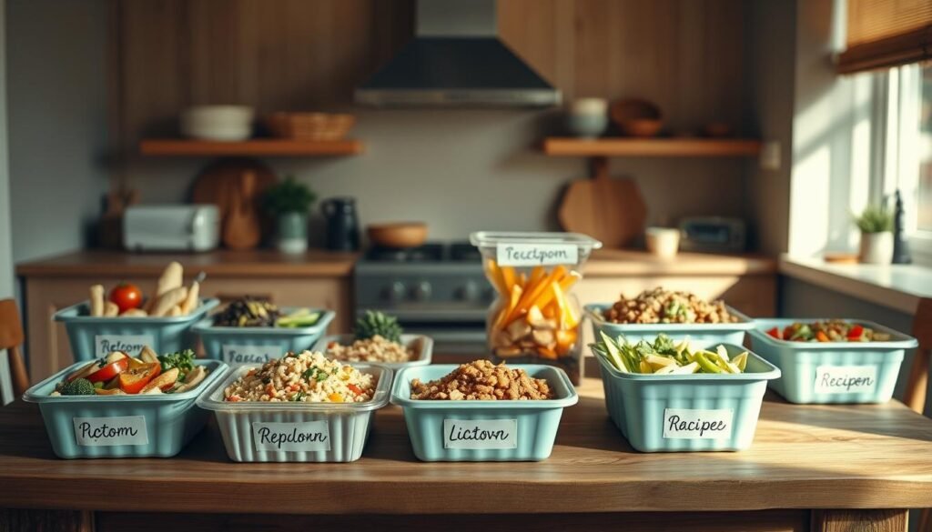 A cozy, minimal kitchen with wooden textures and light blue accents serves as the backdrop for an array of innovative leftover recipe ideas. On a neatly arranged wooden table, various containers hold repurposed ingredients, each with a handwritten label indicating its transformation. Vegetables, grains, and proteins from previous meals are reimagined into tempting dishes, their vibrant colors and textures hinting at the delicious possibilities. The lighting is soft and warm, casting a gentle glow on the scene, inviting the viewer to explore these clever culinary solutions. A sense of resourcefulness and culinary creativity permeates the space, inspiring the viewer to discover new ways to breathe life into their own leftovers.