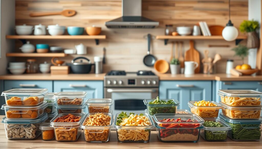 A cozy, minimal kitchen with wooden textures and light blue accents serves as the backdrop for a visually appealing illustration of the benefits of batch cooking. In the foreground, a variety of neatly organized containers filled with a variety of freshly prepared meals stand as a testament to the efficiency and convenience of this culinary approach. The middle ground showcases the versatility of batch cooking, with ingredients and utensils arranged in a visually harmonious manner. Soft, diffused lighting illuminates the scene, creating a warm and inviting atmosphere that underscores the practical and time-saving advantages of this meal preparation technique.