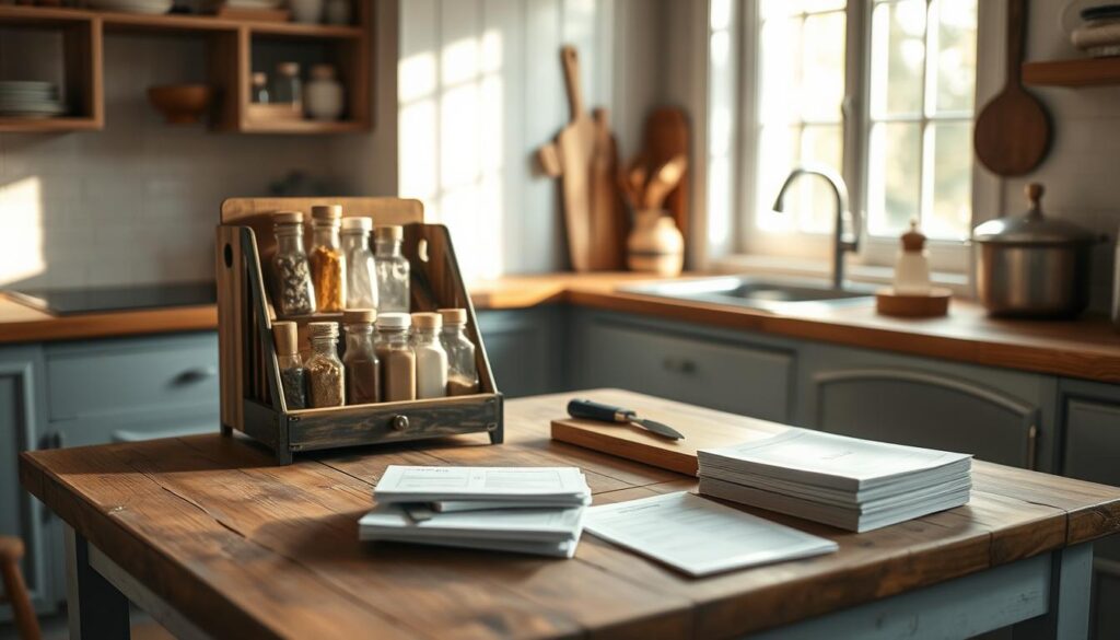 A cozy, minimal kitchen with wooden textures and light blue accents serves as the backdrop for a neatly organized weekly meal planning session. On a rustic wooden table, a well-stocked spice rack, a cutting board, and a stack of recipe cards set the stage for a thoughtful culinary journey. Sunlight filters in through a nearby window, casting a warm glow over the scene. A subtle, neutral color palette creates a calming atmosphere, inviting the viewer to immerse themselves in the process of planning and prepping delicious, made-ahead components for the week's meals.