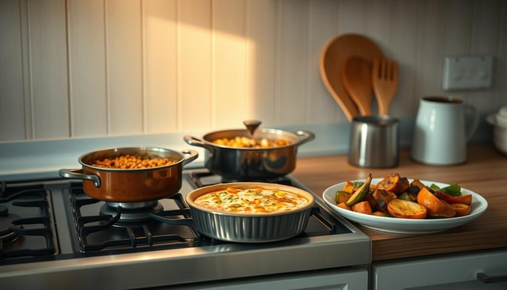 A cozy, minimal kitchen with wooden textures and light blue accents serves as the backdrop. On the stovetop, various vegetarian dishes are being reheated using different methods - a simmering lentil curry, a bubbling cheesy vegetable pie, and a gently steaming plate of roasted vegetables. The lighting is warm and inviting, casting a soft glow over the scene. The composition emphasizes the effortless, no-fuss reheating process, showcasing the strategies for retaining flavor and texture in vegetarian meals.