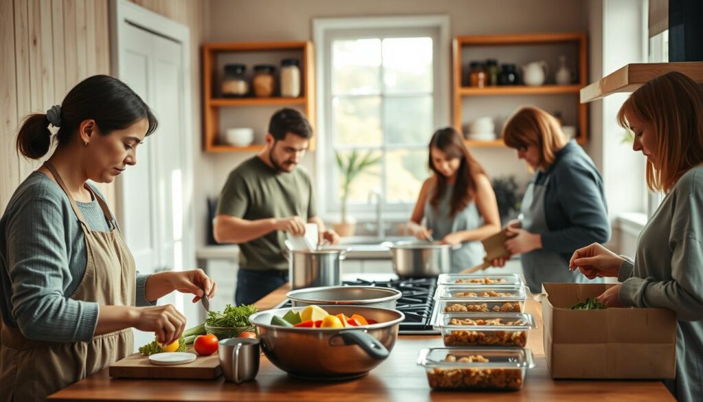 A cozy, minimal kitchen with wooden textures and light blue accents sets the scene for a team of family members engaged in a batch cook dinner preparation. In the foreground, one person carefully measures ingredients, while another chops vegetables nearby. In the middle ground, a person stands at the stove, stirring a large pot, and a fourth person packages the prepared meals into containers. In the background, shelves display jars and spices, hinting at the organized workflow. The mood is one of focused collaboration, with natural lighting and a sense of efficiency and harmony.