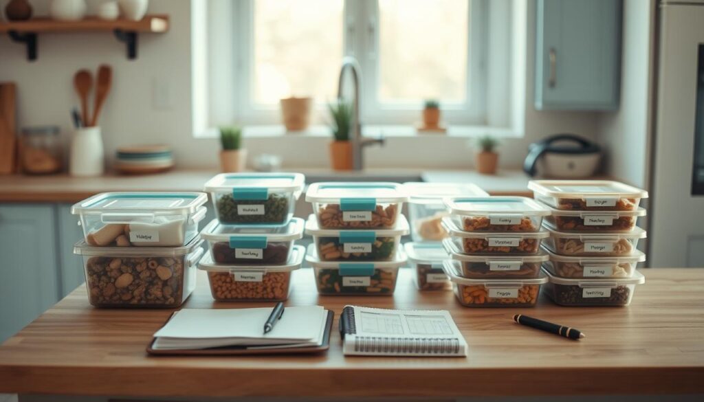 A cozy, minimal kitchen with wooden textures and light blue accents sets the scene for an organized freezer meal planning session. On a clean, wooden countertop, various containers, labels, and a meal planning notebook are neatly arranged, creating a sense of efficiency and control. The soft, natural lighting casts a warm glow, highlighting the thoughtful preparation of weekly or monthly meals. No hands are visible, emphasizing the methodical, hands-off approach to streamlining meal planning and preparation.