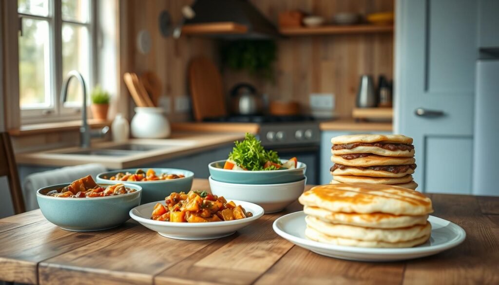 A cozy, minimal kitchen with wooden textures and light blue accents sets the stage for a creative display of leftover meal transformations. Artfully arranged on a rustic wooden table, an assortment of colorful dishes showcases the versatility of leftovers - a hearty stew repurposed into a savory shepherd's pie, yesterday's roasted vegetables blended into a vibrant soup, and a stack of fluffy pancakes made from surplus mashed potatoes. The scene exudes a sense of culinary ingenuity, inviting the viewer to explore the endless possibilities of turning simple leftovers into delicious, nourishing meals. Soft, natural lighting from a nearby window casts a warm glow, highlighting the textures and hues of the dishes. No hands are present, allowing the food to take center stage and inspire the viewer's own culinary imagination.