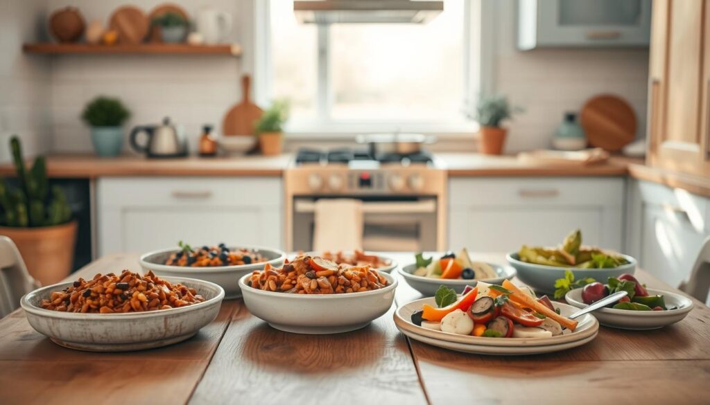 A cozy, minimal kitchen with wooden textures and light blue accents sets the stage for a delectable vegan dinner variety. In the foreground, a rustic wooden table is adorned with an array of plant-based dishes - hearty lentil stew, roasted vegetables, and a vibrant salad. The middle ground features a sleek, modern stovetop and oven, suggesting the effortless preparation of these wholesome meals. In the background, a window floods the space with natural light, creating a warm and inviting atmosphere. The scene exudes a sense of simplicity and nourishment, perfectly capturing the essence of batch-cooked, vegan-friendly dinners.