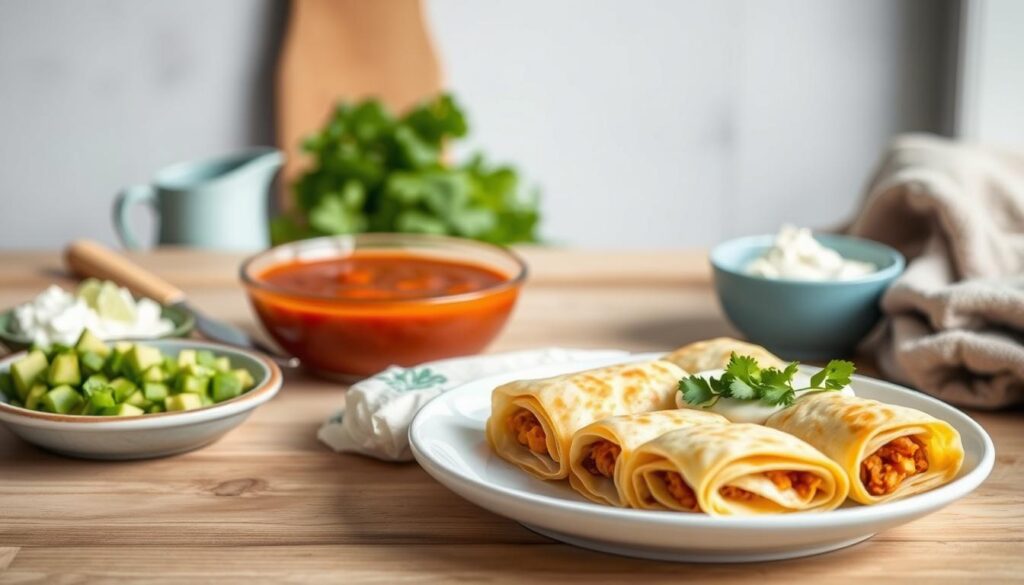 A cozy, minimal kitchen with wooden textures and light blue accents sets the stage for a delightful display of enchilada serving suggestions. In the foreground, a plate showcases perfectly rolled enchiladas, their crisp tortillas embracing a vibrant filling. Beside them, an assortment of garnishes - diced avocado, tangy sour cream, and freshly chopped cilantro - invites the viewer to customize their culinary experience. In the middle ground, a shallow bowl of homemade enchilada sauce, its rich, velvety hue promising depth of flavor. In the background, a hint of greenery and a minimalist, natural-toned backdrop create a harmonious, appetizing atmosphere, free from distractions.