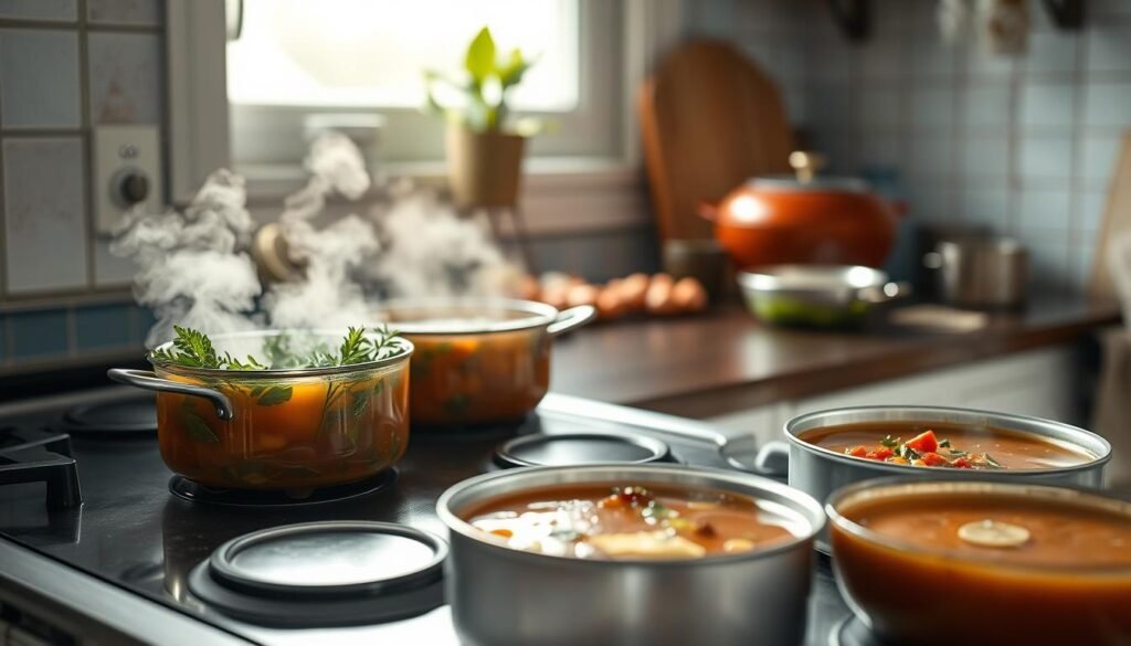 A cozy, minimal kitchen with wooden textures and light blue accents sets the stage for a symphony of flavors. In the foreground, a collection of aromatic broths and sauces simmers gently on the stovetop, their rich hues and inviting aromas beckoning the senses. Herbs and spices dance in the steam, their vibrant colors and textures lending depth and complexity to the culinary masterpieces. In the middle ground, a selection of freshly chopped ingredients, their shapes and textures complementing the liquids, awaits their turn to be incorporated. The soft, natural lighting casts a warm glow, creating a cozy, intimate atmosphere where the art of batch cooking comes to life, without a single hand in sight.