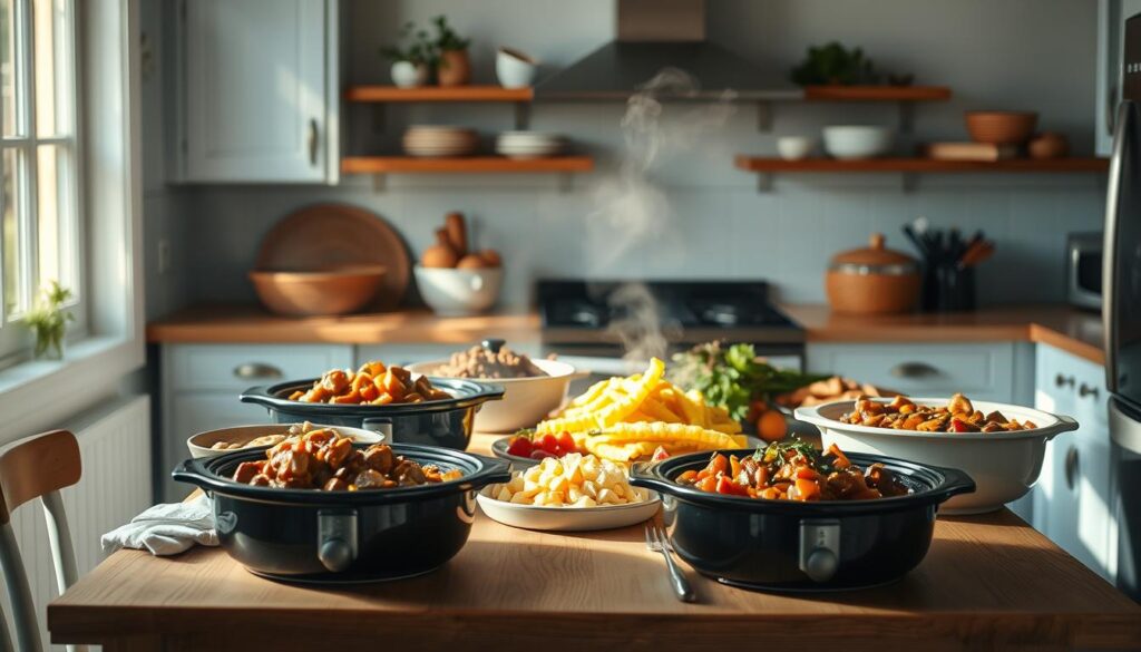 A cozy, minimal kitchen with wooden textures and light blue accents sets the stage for a mouthwatering display of slow cooker recipes. Neatly arranged on a wooden table, a variety of hearty stews, savory roasts, and aromatic braises beckon, their rich colors and steam-kissed surfaces hinting at the comforting flavors within. Rays of warm, diffused light illuminate the scene, casting a soft, inviting glow that evokes the effortless simplicity of these slow-cooked creations. The absence of hands or distractions allows the viewer to fully immerse themselves in the tantalizing possibilities of these effortless, make-ahead family meals.