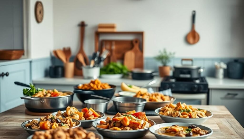 A cozy, minimal kitchen with wooden textures and light blue accents sets the stage for a delightful array of one-pot sheet pan recipes. In the foreground, a selection of freshly prepared dishes, their aromas wafting through the air, invites the viewer to indulge in the comforting flavors of family-favorite meals. The middle ground features an assortment of cookware, utensils, and carefully curated ingredients, hinting at the ease and convenience of these one-pot wonders. The background is bathed in soft, natural light, creating a warm and inviting atmosphere that embodies the notion of 