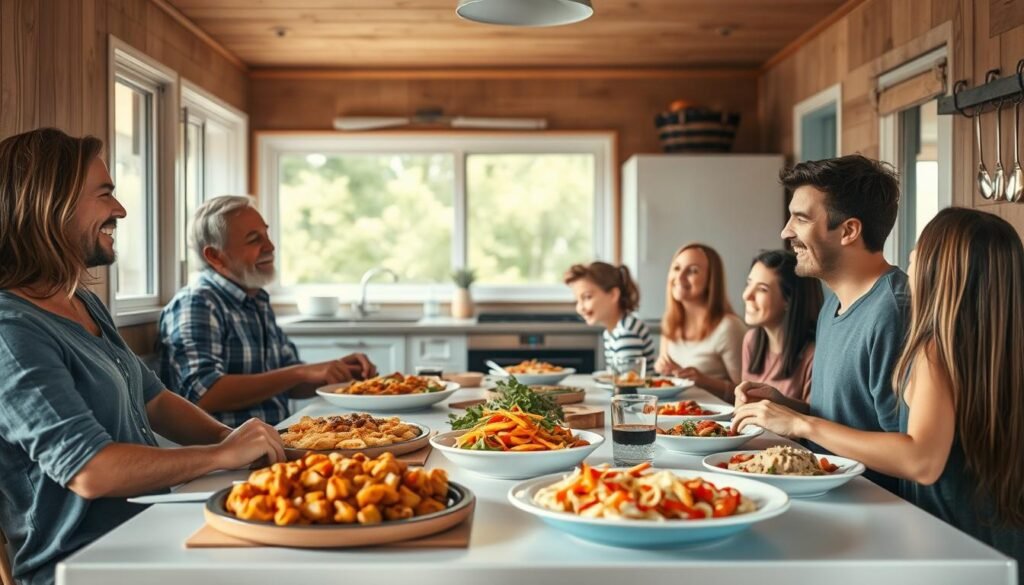A cozy, minimal kitchen with wooden textures and light blue accents sets the stage for a family dinner vacation. On the table, a spread of homemade dishes, from hearty casseroles to vibrant salads, captures the essence of creative, on-the-go meals. Soft, natural lighting illuminates the scene, casting a warm, inviting glow. The family gathers around, laughing and sharing stories, their faces filled with contentment. The kitchen's clean lines and lack of hands convey a sense of effortless preparation, allowing the focus to remain on the joyful experience of dining together during a well-deserved vacation.