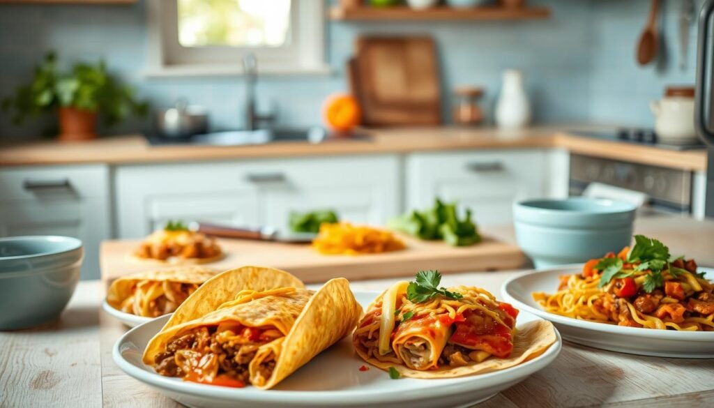 A cozy, minimal kitchen with wooden textures and light blue accents sets the stage for an array of enchilada variations. In the foreground, an assortment of enchiladas in corn tortillas, each filled with a different savory combination: shredded chicken, spicy beef, or roasted vegetables. Warm, melted cheese and a vibrant, homemade enchilada sauce adorn the plates. In the middle ground, a chef's knife, fresh herbs, and a cutting board hint at the preparation process. The background features a clean, organized workspace with a few essential kitchen tools, reflecting the expert tips that will guide the viewer through perfecting this family-friendly dish.