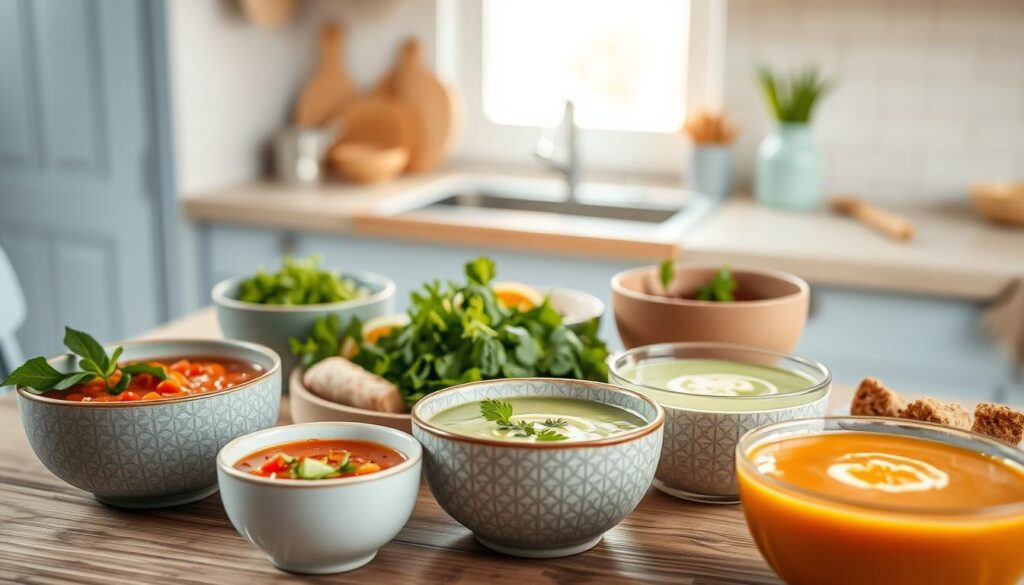 A cozy, minimal kitchen with wooden textures and light blue accents sets the stage for an array of chilled soup variations. In the foreground, bowls of vibrant gazpacho, velvety avocado, and refreshing cucumber-yogurt soups are artfully arranged. The middle ground showcases a fresh selection of garnishes - fragrant herbs, bright citrus slices, and crunchy croutons. In the background, a natural light casts a warm glow, highlighting the soothing textures and tones of the international cold soup creations. The overall atmosphere evokes a sense of simplicity, comfort, and global culinary exploration.