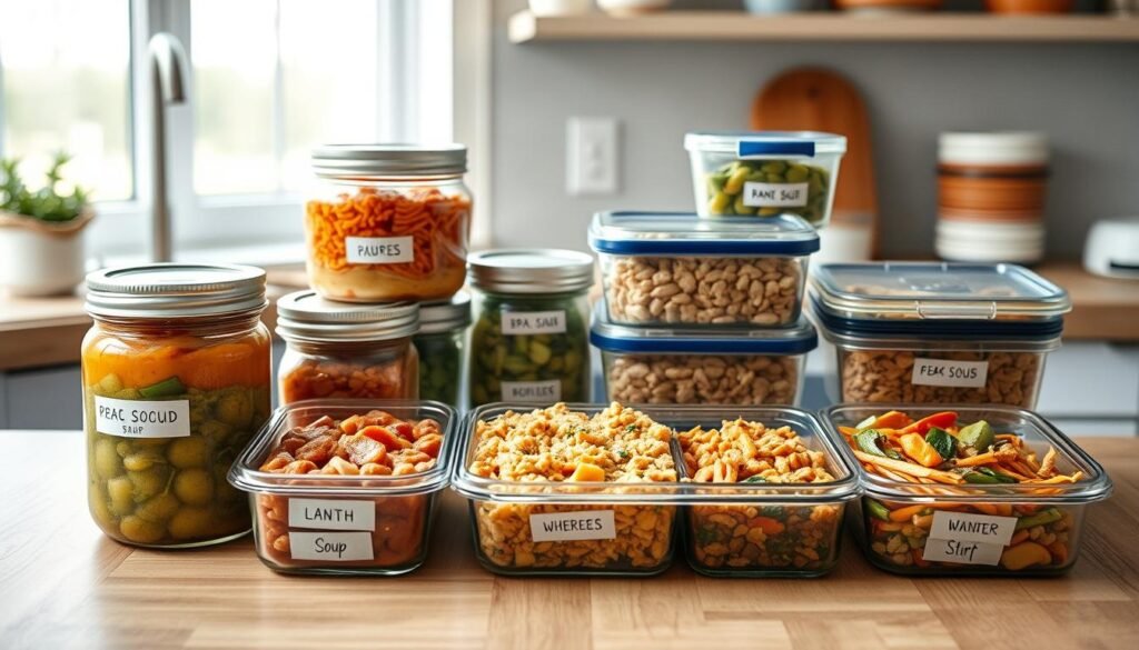 A cozy, minimal kitchen with wooden textures and light blue accents showcases a variety of dietary-friendly freezer meals neatly arranged in labeled containers. Glass jars and BPA-free plastic containers hold hearty soups, grain-based casseroles, and veggie-packed stir-fries. The camera captures the scene from a slightly elevated angle, highlighting the organized, streamlined presentation of these customized, make-ahead family dinners.