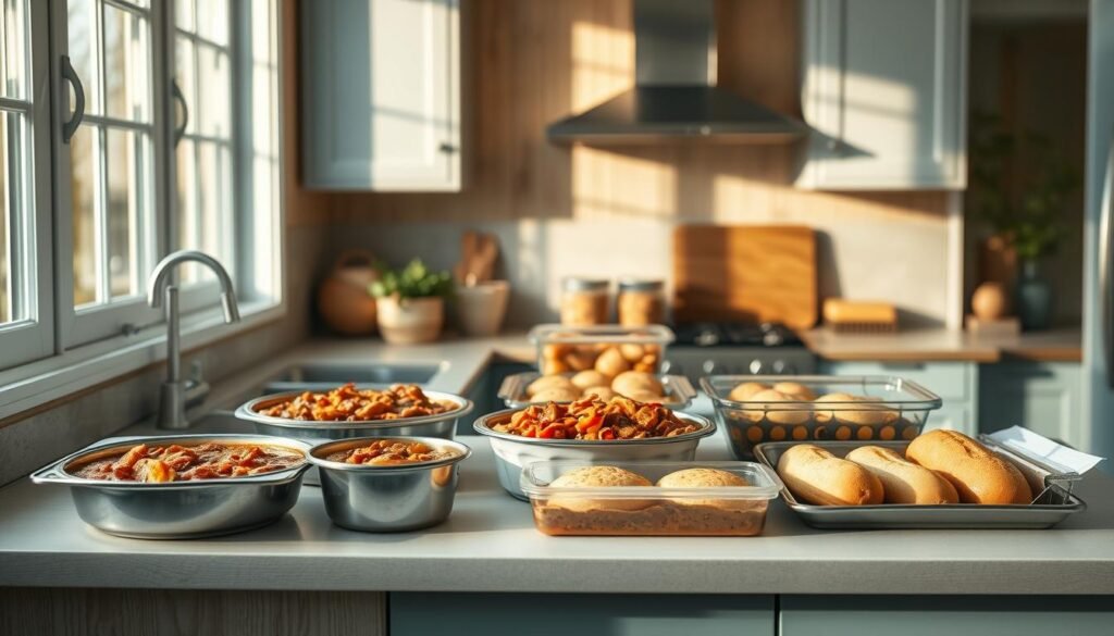 A cozy, minimal kitchen with wooden textures and light blue accents showcases an array of neatly arranged make-ahead meals. Hearty stews, casseroles, and freshly baked breads sit on the counter, emitting enticing aromas. The scene conveys the benefits of meal prepping - convenience, time-saving, and healthy eating, all without compromising on taste or quality. Soft, natural lighting from large windows casts a warm glow, creating an inviting atmosphere that encourages mindful meal planning and family bonding. The absence of hands suggests the meals are ready to be enjoyed, highlighting the importance of make-ahead strategies for busy schedules.
