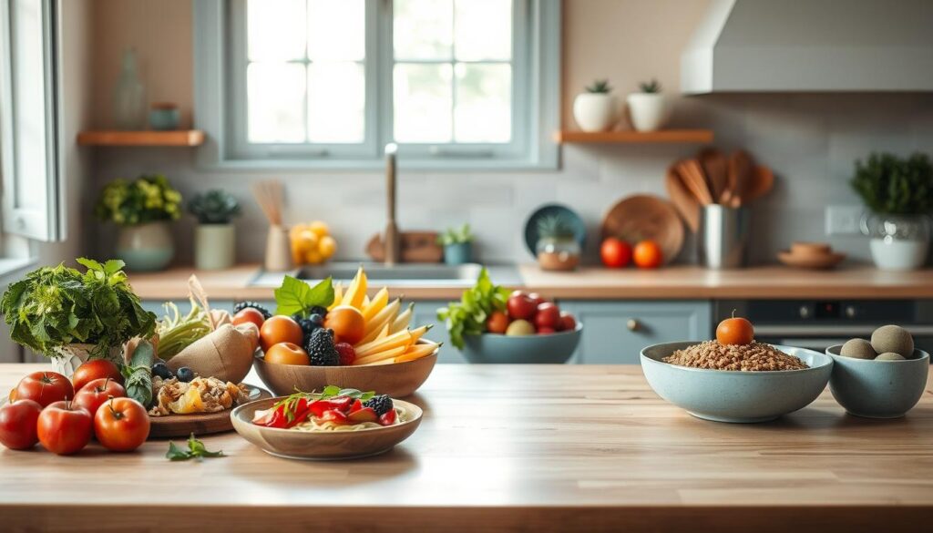 A cozy, minimal kitchen with wooden textures and light blue accents showcases an array of dairy-free, family-friendly recipes. Vibrant fruits and vegetables take center stage, complemented by nourishing whole grains and plant-based proteins. The scene is bathed in soft, natural light, creating a warm and inviting atmosphere. Crisp, high-resolution photography captures the delectable dishes, highlighting their vibrant colors and enticing textures. The overall composition conveys a sense of health, balance, and culinary delight, perfectly suited for the 
