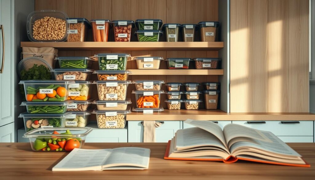 A cozy, minimal kitchen with wooden textures and light blue accents showcases an assortment of meal prep containers, each neatly labeled with dietary needs. Frozen vegetables, proteins, and whole grains fill the shelves, ready to be transformed into delicious, customizable meals. The countertop displays a selection of recipes, their pages dog-eared and splattered with the love of home cooking. A serene, indirect lighting illuminates the scene, capturing the care and thoughtfulness behind these make-ahead family dinners tailored for special needs.