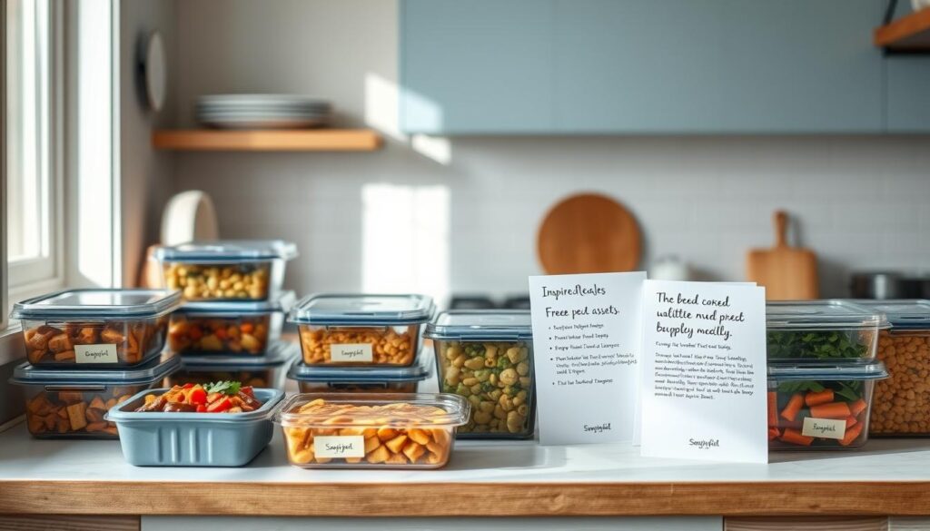 A cozy, minimal kitchen with wooden textures and light blue accents showcases an assortment of freezer meal prep recipes. On the counter, various containers hold hearty stews, casseroles, and veggie-packed meals, each neatly labeled. The scene is bathed in soft, natural lighting, creating a serene and organized atmosphere. Inspired recipe cards are propped up, offering creative ideas for batch-cooked dinners that can be frozen for busy periods. The focus is on the practical, yet delicious, frozen assets that will provide nourishing meals in a time-saving manner.
