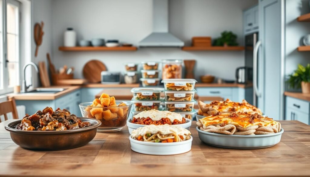 A cozy, minimal kitchen with wooden textures and light blue accents showcases an assortment of freezer-friendly recipes. In the foreground, a variety of hearty meals such as slow-cooked beef stew, creamy chicken pot pie, and vegetable-packed lasagna are neatly arranged on a wooden table. In the middle ground, stacks of labeled containers and jars suggest the ease of batch cooking and meal prepping. The background features a streamlined kitchen layout with clean lines, natural lighting, and a sense of organization. The overall atmosphere is one of efficiency, practicality, and the comforting aroma of home-cooked favorites ready to be frozen and enjoyed later.