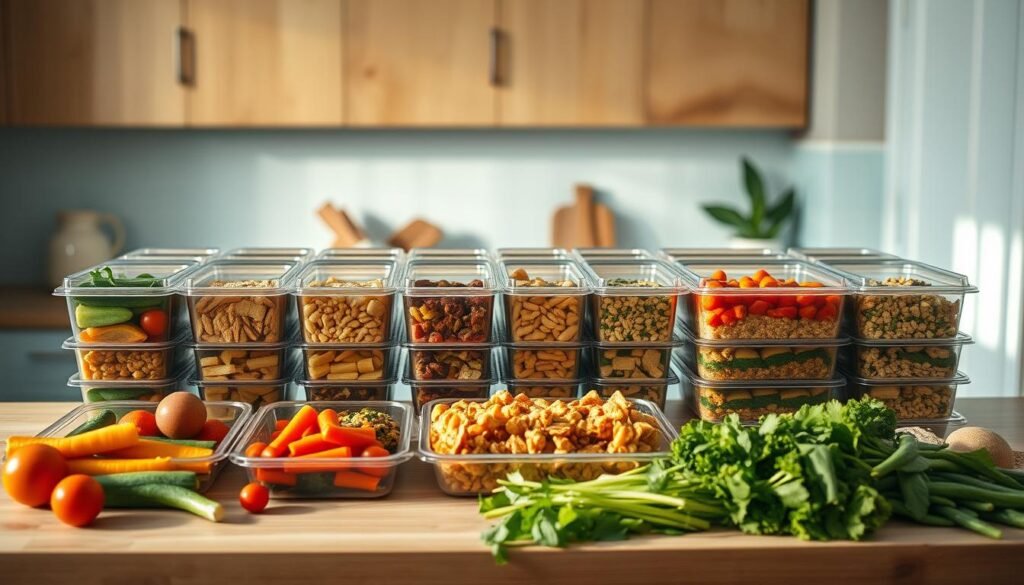 A cozy, minimal kitchen with wooden textures and light blue accents showcases an assortment of balanced freezer meals. Rows of plastic containers, each filled with a hearty, nutritious dish, sit neatly on the counter. The lighting is soft and natural, casting a warm glow over the scene. In the foreground, a variety of fresh ingredients - vibrant vegetables, lean proteins, and wholesome grains - are carefully arranged, hinting at the flavor and balance within the frozen meals. The middle ground features the containers, their lids sealed tight, preserving the meals' flavors and textures. In the background, the kitchen's clean lines and minimalist design create a calming, organized atmosphere, reflecting the efficiency and planning behind these batch-cooked, freezer-friendly dinners.