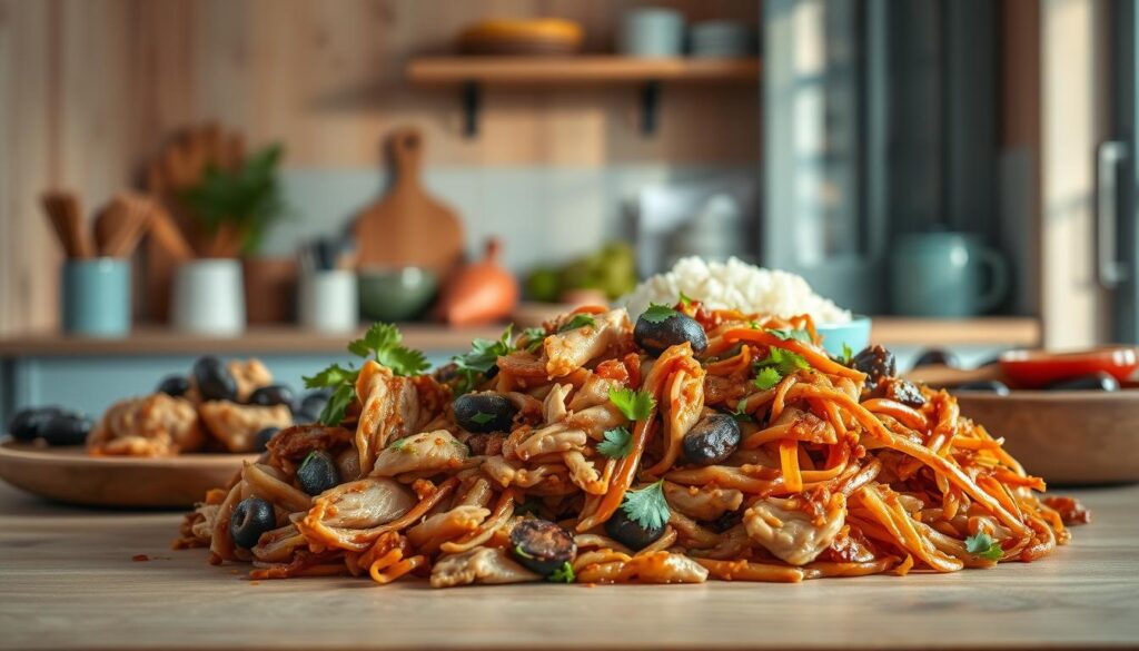 A cozy, minimal kitchen with wooden textures and light blue accents, showcasing an international pulled pork and chicken dish. In the foreground, tender, shredded meat glistens with a blend of savory spices, complemented by a vibrant mix of fresh herbs and citrus. In the middle ground, steaming rice and roasted vegetables add contrasting textures and flavors. The background features a well-stocked pantry, hinting at the global influences that inspired this satisfying family meal. Warm, natural lighting casts a gentle glow, inviting the viewer to experience the comforting aromas and flavors of this culinary exploration.