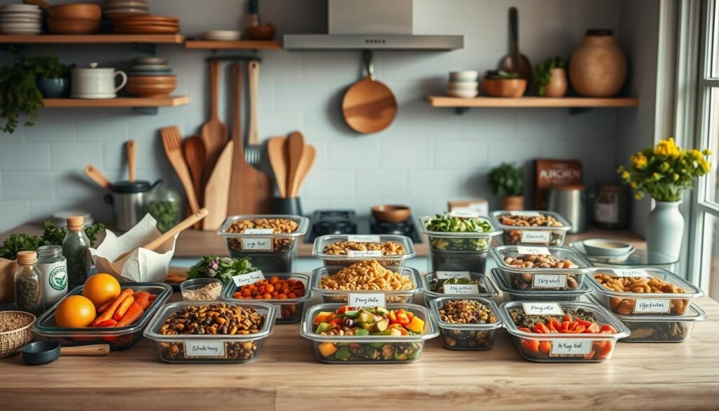 A cozy, minimal kitchen with wooden textures and light blue accents, showcasing an array of creatively prepped meals in labeled containers. Various fresh ingredients, spices, and cooking utensils are arranged artfully, conveying a sense of culinary inspiration. The scene is bathed in soft, natural lighting, creating a warm and inviting atmosphere. The containers feature a range of diverse, visually appealing meal options, from hearty stews to vibrant salads, all ready to be enjoyed by a family. The composition emphasizes the organization and practicality of the meal prep, while also highlighting the creativity and care that goes into crafting these nourishing dishes.