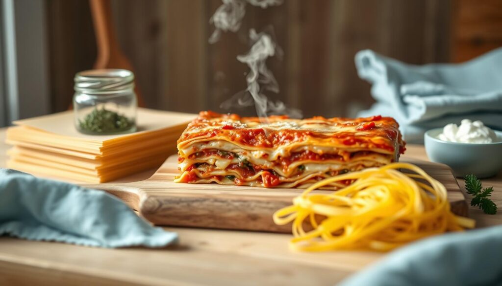 A cozy minimal kitchen with wooden textures and light blue accents. A fresh, homemade lasagna sits on a wooden cutting board, steam rising from the bubbling cheese and tomato sauce. Beside it, neatly arranged stacks of pasta sheets, a jar of herbs, and a small bowl of ricotta. The soft, natural lighting illuminates the scene, creating a warm and inviting atmosphere. The layered, textural composition draws the eye to the carefully prepared lasagna, inviting the viewer to imagine the aromas and flavors of this comforting dish.