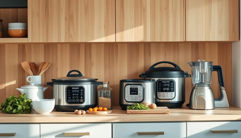 A cozy, minimal kitchen with wooden textures and light blue accents. Countertops neatly organized with various batch-cooking tools - a slow cooker, an instant pot, and a food processor. Ingredients like herbs, spices, and sauces are within reach, hinting at flavorful meal prep. Natural lighting filters in, casting a warm glow and highlighting the tidy, efficient setup. The scene conveys a sense of simplicity and ease, suggesting straightforward kitchen hacks to elevate dinner flavors without extra calories.