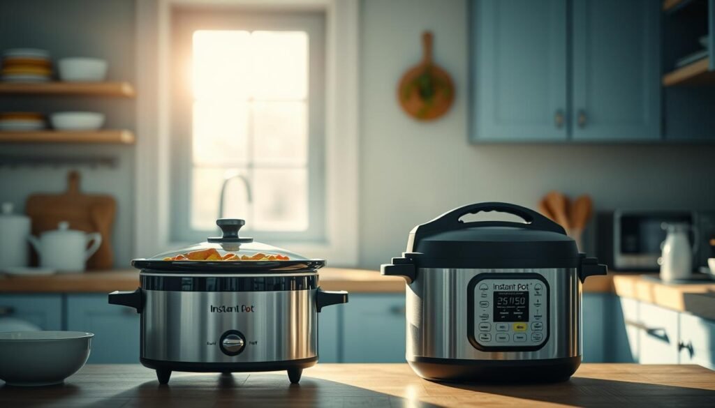 A cozy, minimal kitchen with wooden textures and light blue accents. In the center, a slow cooker and an instant pot sit side by side, their lids open to reveal the delicious contents within. Sunlight filters in through a nearby window, casting a warm glow over the scene. The layout is organized and efficient, with all the necessary tools and ingredients within easy reach. The atmosphere is one of calm productivity, inviting the viewer to imagine the nourishing meals that can be prepared with these versatile appliances.