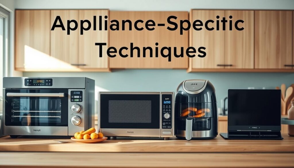 A cozy, minimal kitchen with wooden textures and light blue accents. In the center, various modern kitchen appliances are displayed, showcasing different reheating methods - a convection oven, a microwave, an air fryer, and a stovetop. The appliances are arranged in a visually appealing layout, highlighting their unique features and capabilities. Warm, natural lighting creates a comfortable atmosphere, emphasizing the attention to detail in the appliance designs. The image captures the essence of 