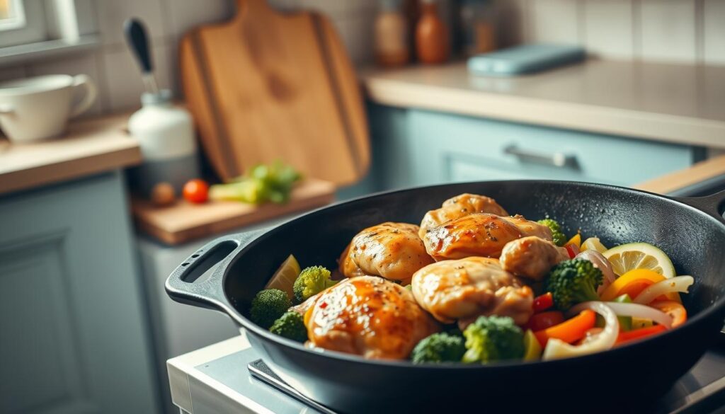 A cozy, minimal kitchen with wooden textures and light blue accents. In the foreground, a cast-iron skillet sizzles with golden-brown chicken thighs, their crisp skin glistening under the warm, even lighting. Surrounding the chicken, a medley of vibrant vegetables - tender broccoli florets, sliced bell peppers, and onion wedges - sauté to perfection. The aroma of herbs and spices fills the air, creating an inviting atmosphere. In the middle ground, a wooden cutting board stands ready, while a few essential kitchen tools are neatly arranged nearby. The overall mood is one of effortless culinary expertise, a scene of simple, delicious homemade cooking.